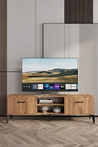Reyo Falez Vera Tv Sehpası 160x35x50 Cm Çok Amaçlı Televizyon Ünitesi Raflı Dolaplı Salon Oturma Odası 5055 Atlantik Açık Kahverengi