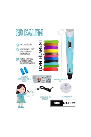 Mavi 3D Kalem 3D Pen Yazıcı Kalem – 20 Adet 5 Metrelik PLA Filament (Toplam 100M) + USB Kablo