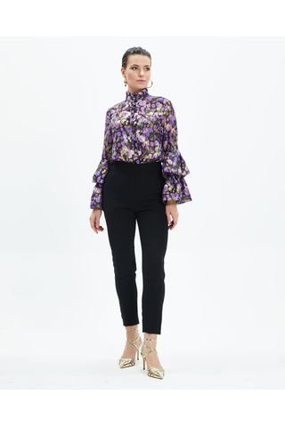 Volan Kollu Metalik Desenli Transparan Gömlek Işıltılı Ve Sofistike Stil Mor