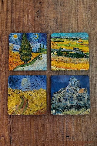 Doğal Taş Bardak Altlığı Vinced Van Gogh Eserleri Baskılı Baskılı 4'lü Set 10x10x1cm Çok Renkli