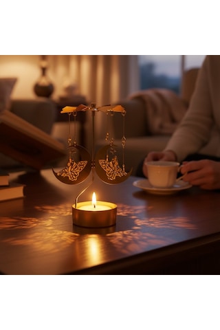 Dönence Tasarımlı Metal Tealight Mumluk Melek & Ay Figürlü Dekoratif Mumluk Gold