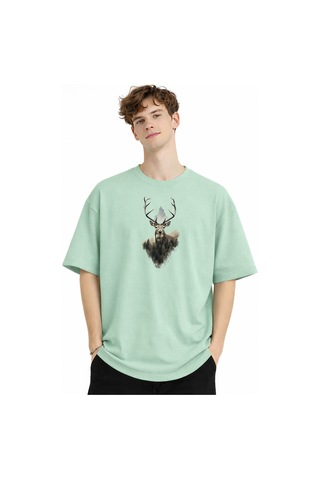 Misa Tahtakale Deer - Oversize Erkek Tişört Su Yesılı Çok Renkli