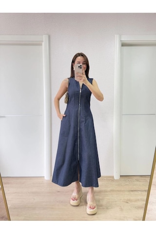 Mbb E-ticaret Kadın Jeans Kot Önü Tam Fermuarlı Uzun Elbise - Mavi