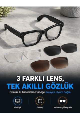 Siyah Akıllı Kamera Gözlüğü Fotoğraf Video Çekimli Bluetooth Aramalı Aı Destekli 3 Değiştirilebilir