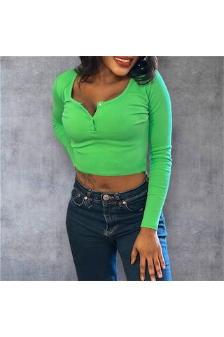 İbeeka Yeni Sezon Havuz Yaka Kesim Çıtçıt Yakalı Pamuk Kaşkorse Crop Body / Bluz Yeşil Renk Yeşil