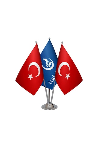 Masa Üstü Ülkü Ocakları Bayrağı Türk Bayrağı Üçlü Krom Direk Masa