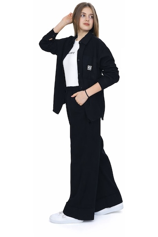 Irem Kız Çocuk Gabardin Kumaş Ceket Pantolon Askılı Badi Siyah Renk Oversize Kalıp Tarz Üçlü Takım Siyah