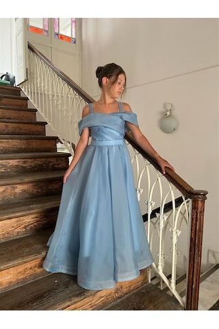 Kız Çocuk Uzun Mavi Askılı Şifon Abiye Elbise 10-14 Yaş Mavi