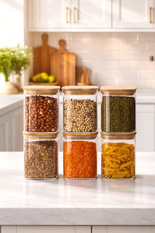Porsima 5-3 Bambu Vakumlu Kapaklı Kare Borsilikat Cam 6lı Kavanoz Seti Saklama Kabı 750ml 7,5x15cm Ahşap - Şeffaf