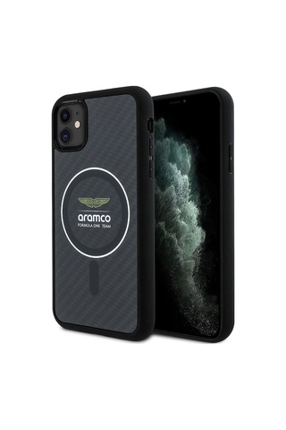 Apple Uyumlu iPhone 11 Kılıf Aston Martin Lisanslı Magsafe Uyumlu Renkli Halka Ve Karbon Fiber Kapak Siyah-gümüş -