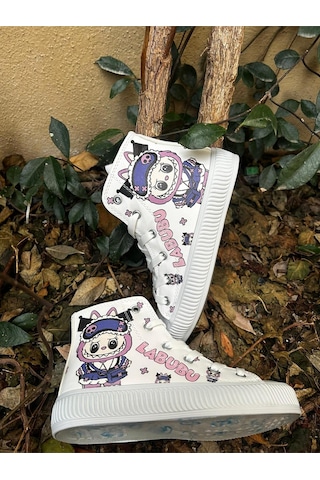Scarpe Magiche Kız Çocuk Labubu Baskılı Günlük Spor Ayakkabı Sevimli Karakter Desenli Beyaz