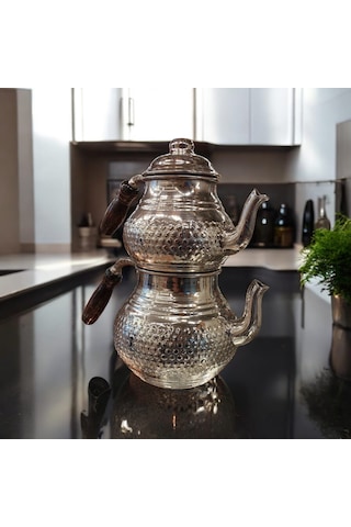 Bakır Çaydanlık & Bakır Demlik El Yapımı Zımba Desenli Gümüş Renk Gümüş