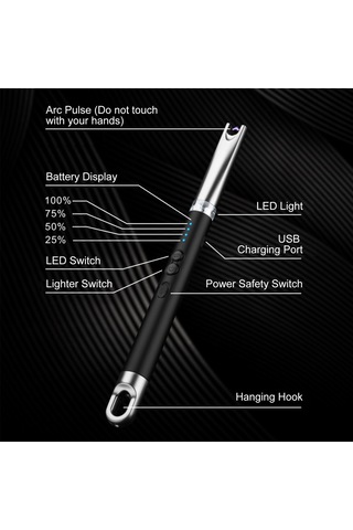Pazly--led Işıklı Alevsiz Elektrik Ark Çakmak Usb Şarj Edilebilir Siyah