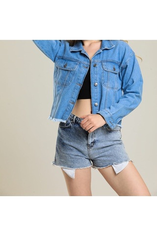 7014 Kadın Kadın Düğmeli Jeans Denim Kot Ceket Mavi