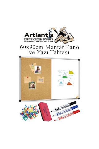 Artlantis Çift Fonksiyonlu Yazı Tahtası Ve Mantar Pano 60x90 Cm 1 Adet Alüminyum Çerçeveli Yazı Tahta Kalemi Ve S Genel
