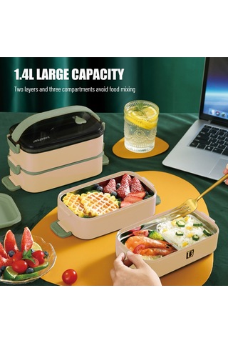 Springsun 1.4l 304 Paslanmaz Çelik Çift Katlı Isı Saklama Yemek Kutusu, 3 Bölmeli, Silikon Kapak Ve Çift Kilit, Leakproof, Ofis Çalışanları Ve Öğrencilere Uygun, Pembe Pembe