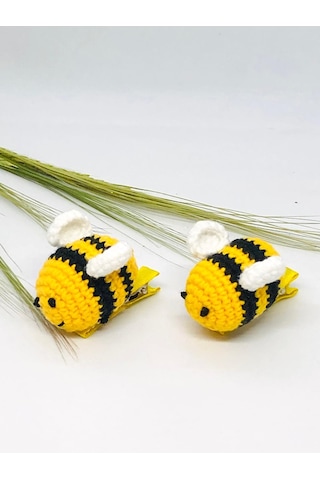 Arı Amigurumi 2li Kıskaç Toka, Örgü Saç Tokası, Saç Aksesuarı Sarı