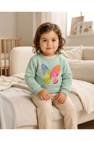 Tuffy Mint Nil Yeşili Kelebek Baskılı Bebek Sweatshirt Rahat Kalıp