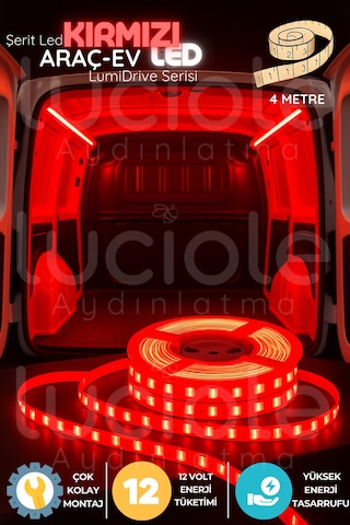 Lumidrive 4m Kırmızı Şerit Led 12v, 240 Çipli, Kesilebilir, Yapışkanlı, Lehimli Bağlantı Uçlu