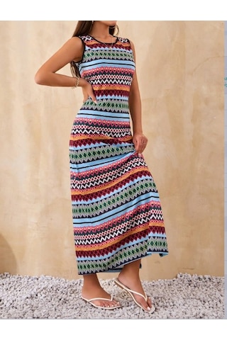 Kadın Bisiklet Yaka Cizgi Desen Süprem Elbise Haki