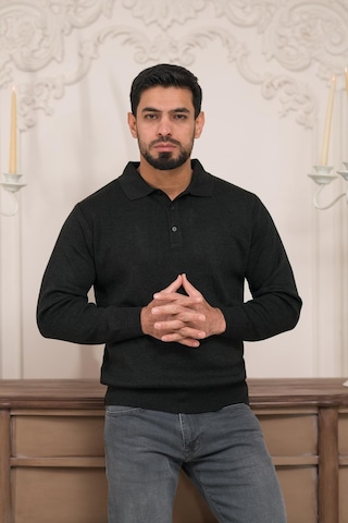 Woolen World Polo Yaka Düz Renk Yünlü Erkek Triko Kazak Antrasit