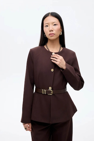 Quzu Kemer Aksesuarlı Yuvarlak Yaka Kahverengi Kadın Ceket Ckt00922 Kahverengi