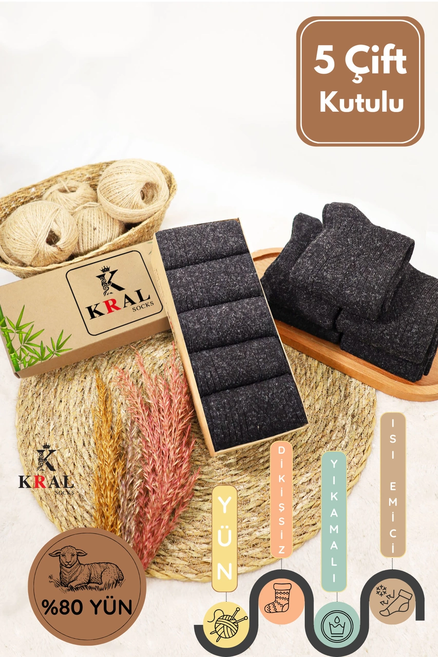 Miss Lana Ladies Socks Kışlık 5 Çift Lambswool Kadınlar Için Termal Kutulu Dikişsiz Yün Çorap Siyah