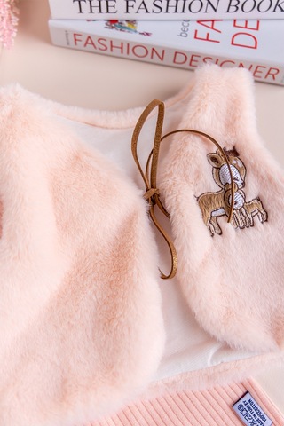 Peluş Yelekli Pamuklu İkili Kız Bebek Tulum Set Somon