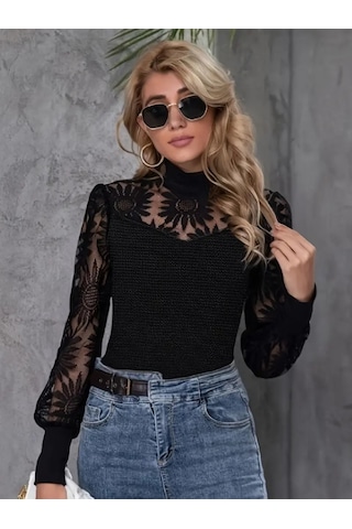 Kadın Yarım Balıkçı Yaka Dantelli Uzun Kollu Viskon Bluz Siyah