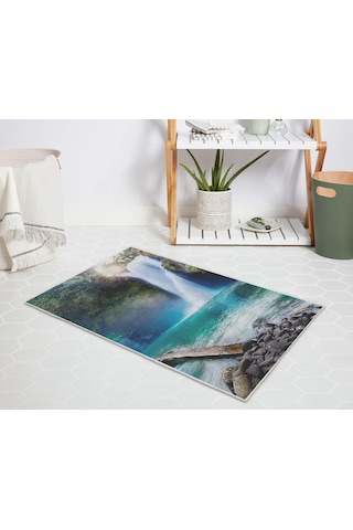 Banyo Halısı Dijital Baskılı Banyo Paspası 50x80 Polyester Kaymaz Tabanlı Duş Paspası Waterfall Mavi