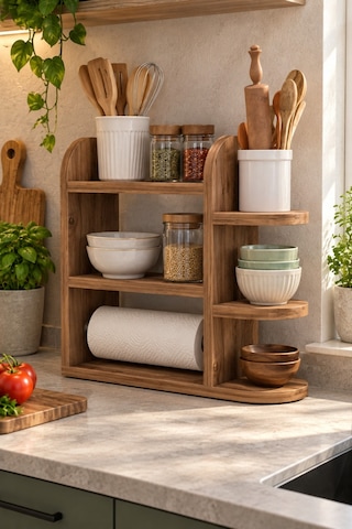 Sulorahome Çam Desenli Mutfak Düzenleyici Raf Ve Kağıt Havlu Askılı Stand Atlantik Çam