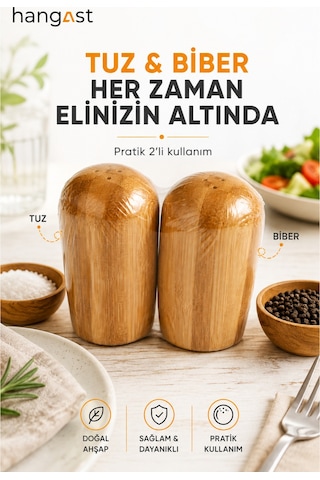 Bambu 2'li Ahşap Tuzluk Biberlik Seti Doğal Ahşap Tuz Ve Baharatlık Mutfak Masa Üstü Baharatlık Bej