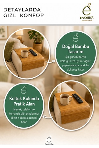 Evonita Bambu Koltuk Kolu Sehpası Bardaklıklı Kumandalıklı Kolçak Tepsisi Katlanabilir Organizer Diğer