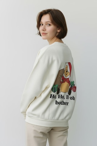 Feg Store Oversize Winnie The Pooh Baskılı İçi Polarlı Yumuşak Dokulu Sweatshirt Beyaz
