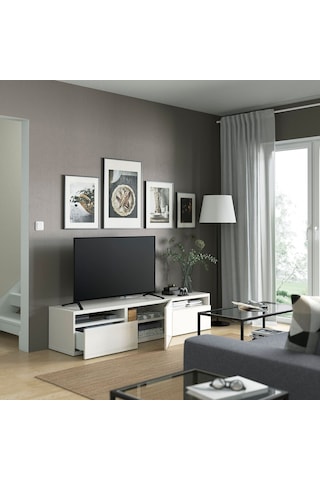 Tv Sehpası, Parlak Cila-beyaz, 180x42x39 Cm, Selsvıken, Çıt Çıt Raylı Beyaz