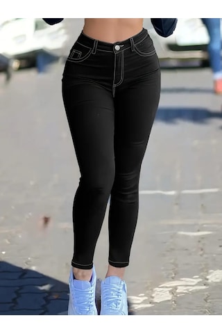 Modaserdem Kadın Yüksek Bel Önden Düğmeli Dar Kesim Kot Pantolon Siyah