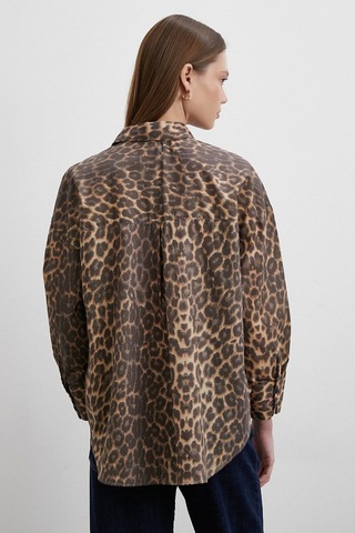 Leopar Desenli V Yaka Gömlek Kahve Kahve