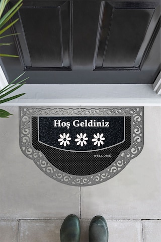 Yarım Ay Modeli Hoş Geldiniz Yazlı Çiçek Desenli Kapı Önü Paspası Gümüş