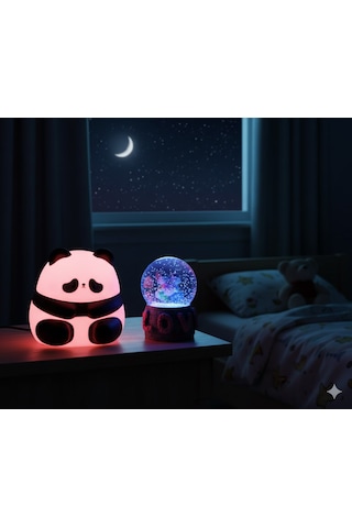 2 Li Sevgiliye Romantik Hediye Seti Slikon Panda Renkli Led Gece Lambası Ve 9 Cm Love Kar Küresi Set Pembe