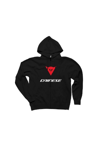 Dainese Motosiklet Siyah Fermuarlı Kapşonlu Sweatshirt Siyah