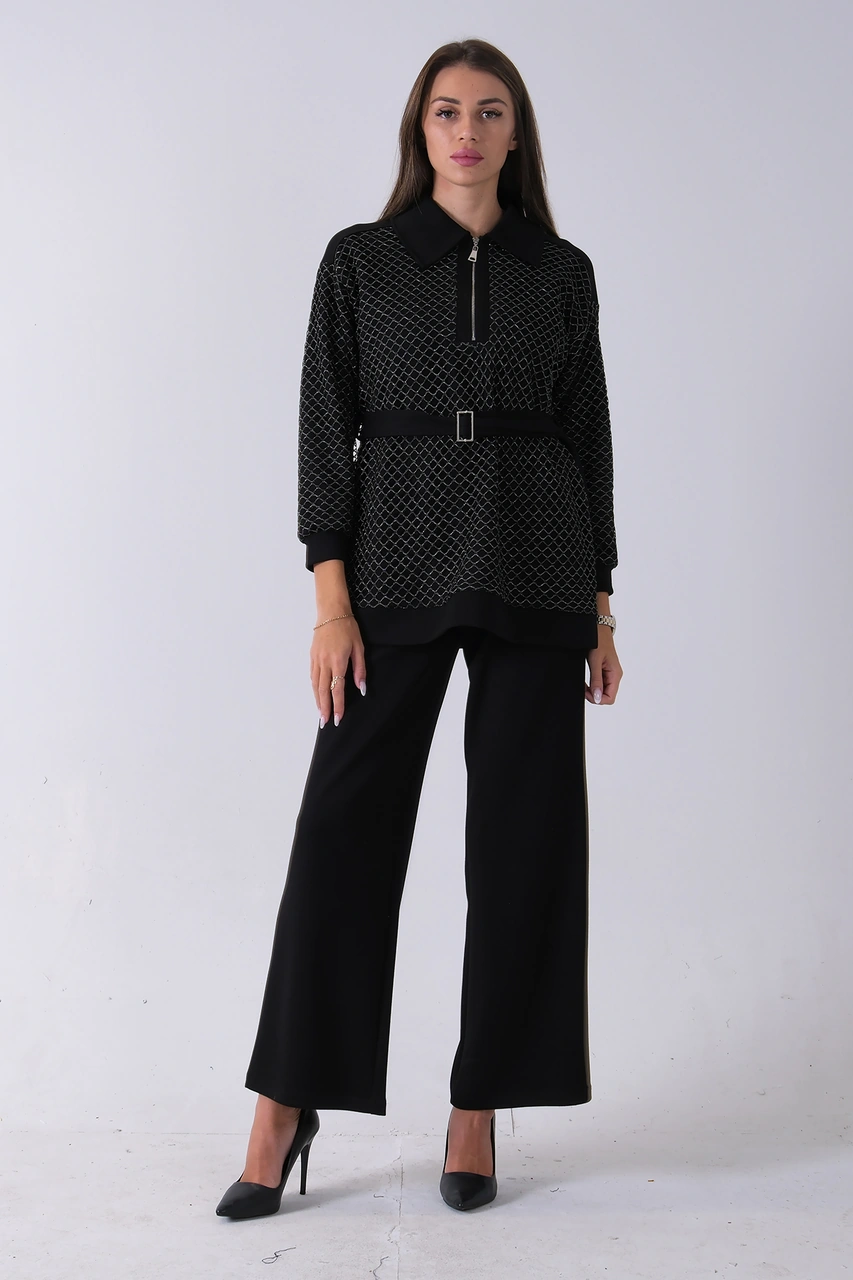 Feminist Siyah Tunik Yaka Fermuar Kapamalı File Detaylı Pantolonlu Takım 4577283.01 Siyah