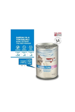 BonaCibo Ezme Sardalya ve Ton Balıklı Konserve Yetişkin Kedi Maması 6 x 400 G