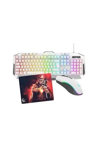 Rampage Km-34 Glare Beyaz Klv , 12800 Dpı Mouse + Rampage Mousepad Oyuncu Seti Optik