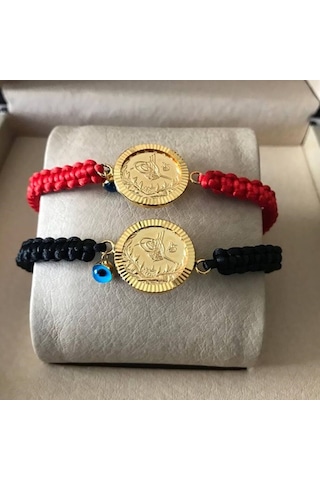 Çeyrek Reşat Altın Bileklik 14K Nazarboncuk (Siyah Ip) Sarı Altın