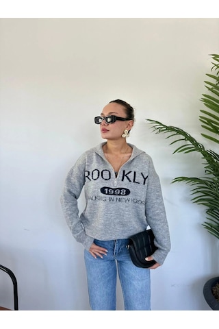 Keymoda Kadın Brooklyn Baskılı Kazak Gri Gri