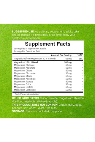 Deal Supplement Magnesium Magnezyum 10-in-1 Complex Supplement 500mg, 240 Veggie Capsules