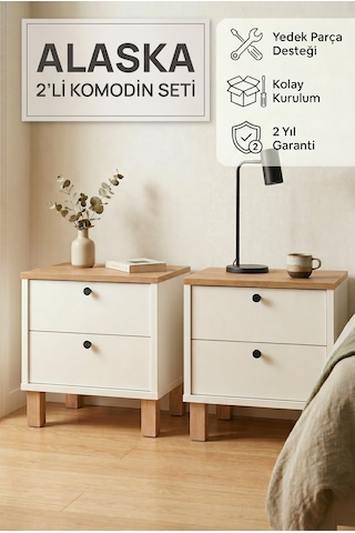 Robin Home Alaska Komodin 2'li Komodin Seti Çekmeceli Ahşap Ayaklı Sepet-beyaz