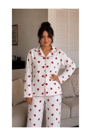 Rindahomewear Burumcuk Kumaş Bayby Overlok Uzun Kol Düğmelipijama Takımı Beyaz