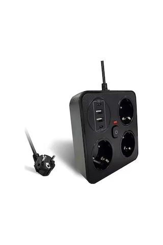 Akım Korumalı Anahtarlı Priz - 3x Priz - 2x Usb - 2x Type-c - 2 Mt Kablo Hızlı Şarj Özellikli Siyah 0-2
