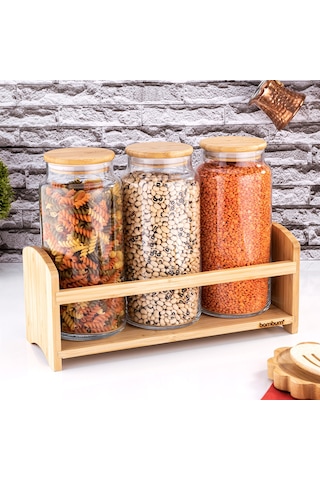 Bambum Bench Standlı 4 Parça Büyük Cam Baharat Takımı Şeffaf